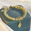 Women Exquisite Gold Color Leaves Wrist Strap Bangle Double Chain Bracelet Girls Gifts Chinese Style Green Jade Bracelet