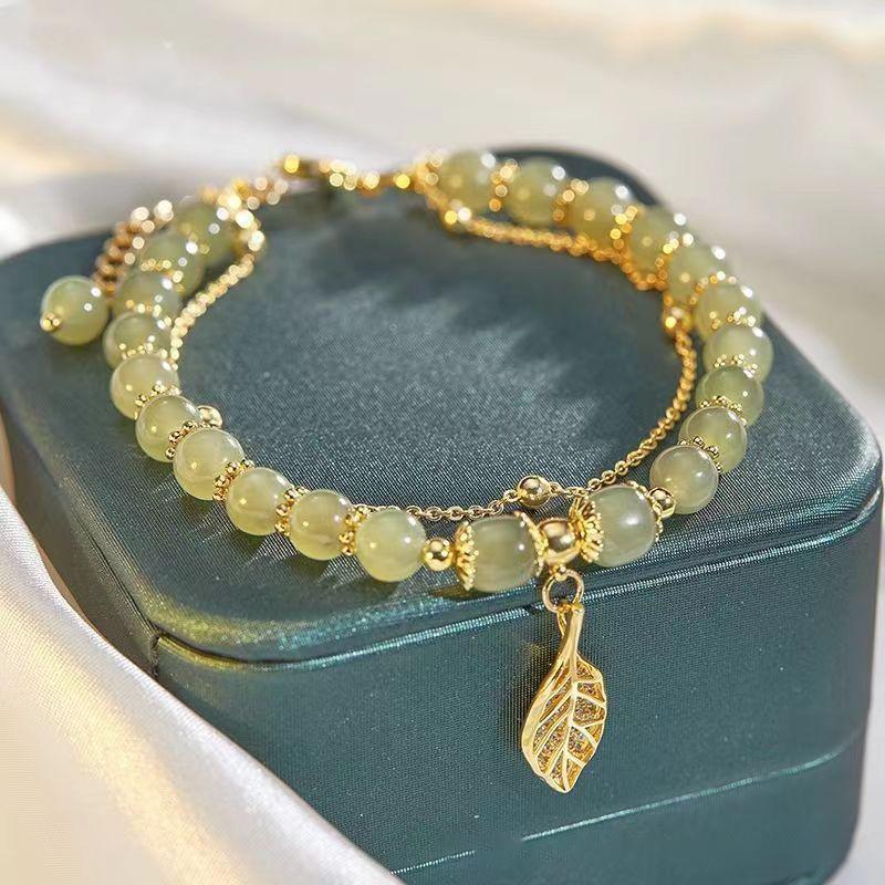 Women Exquisite Gold Color Leaves Wrist Strap Bangle Double Chain Bracelet Girls Gifts Chinese Style Green Jade Bracelet