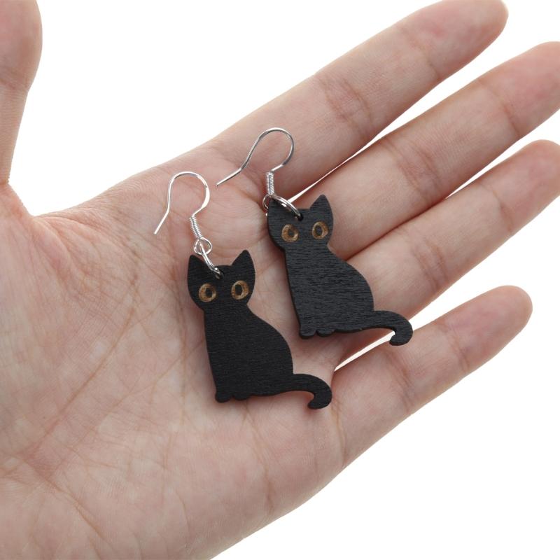 Halloween Cats Earring Wooden Black Cats Dangle Earrings Skeleton for Cats Drop Earring Pendant Jewelry Decoration