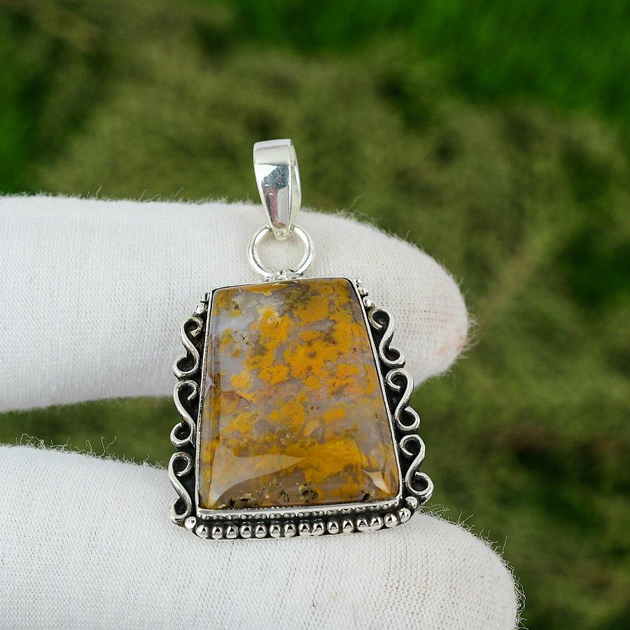 Natural Polka Dot Agate Gemstone Pendant Yellow 925 Sterling Silver Jewelry