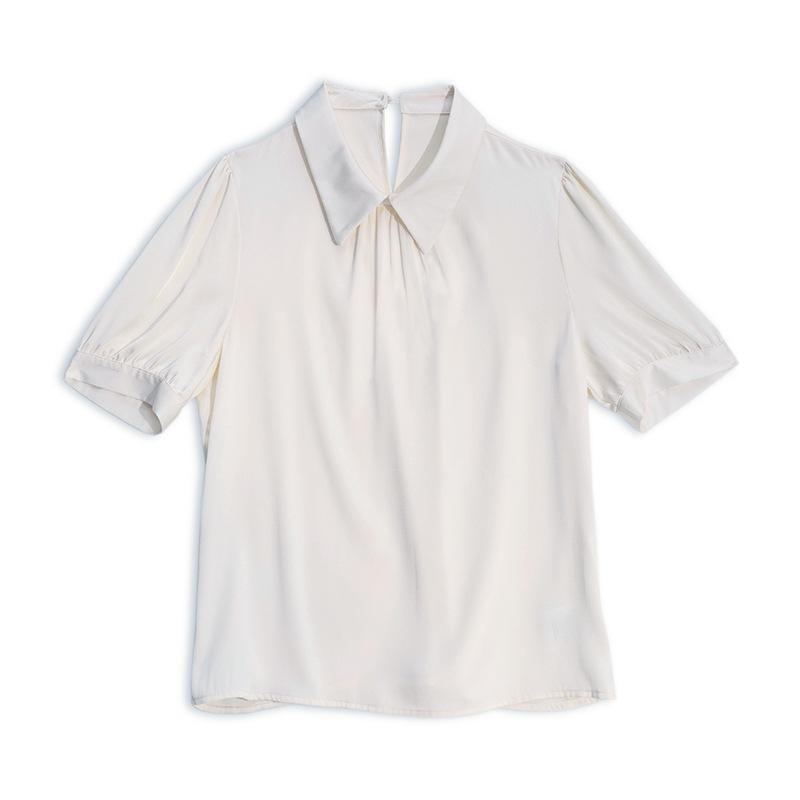 2025 Summer European Women's Silk Lapel Short Sleeve Solid Color T-Shirt