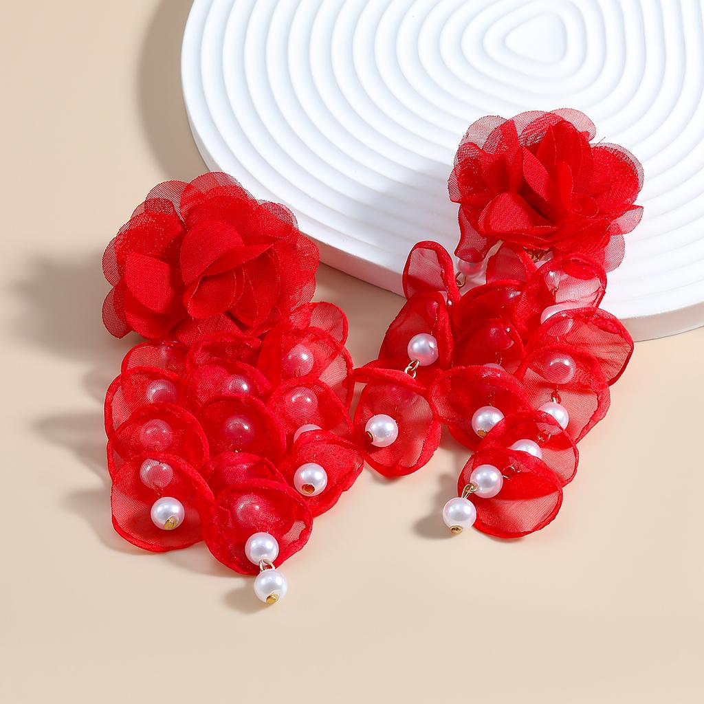 Summer New Floral Earrings Exaggerated Earrings Women's Bohemian Fabric Set with Pearl Flower Fringe Accessories
