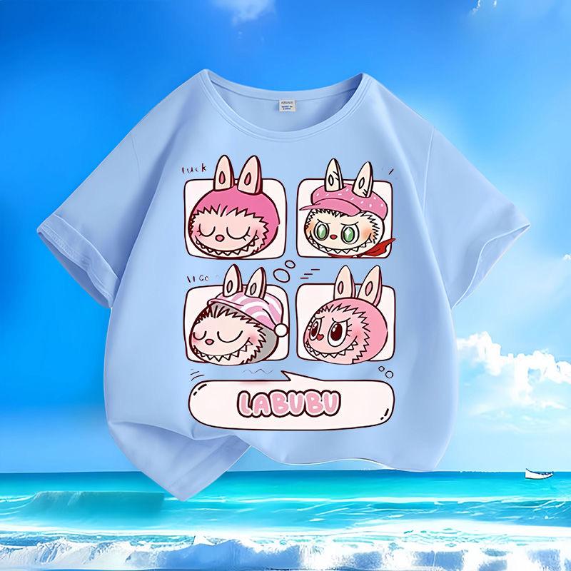 LABUBU New Round Neck Children's Short-sleeved, Multicolor LABUBU Expression Printed Girls' T-shirt,  Versatile Children's Tops