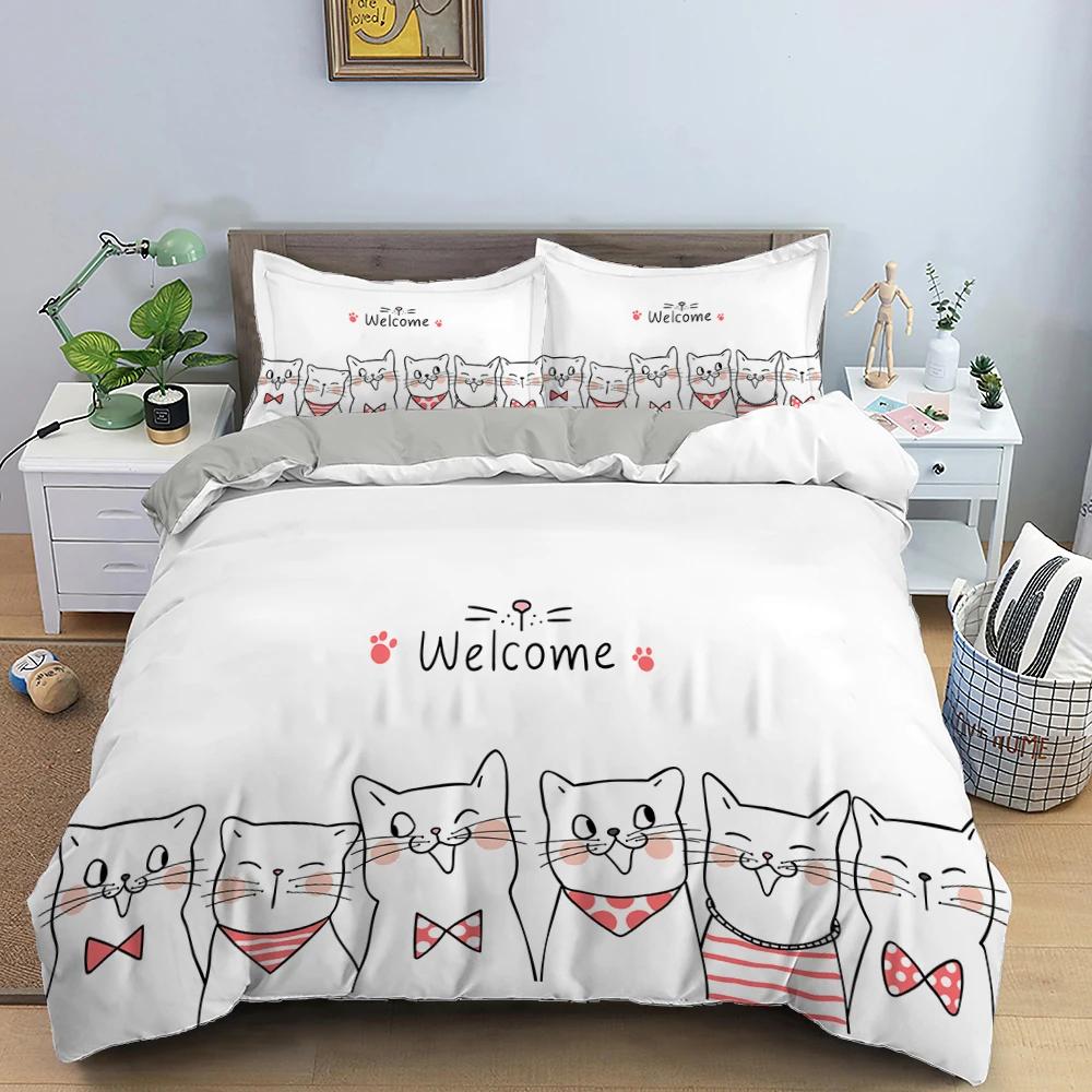 Sevimli Evcil Kediler Yatak Takımı Karikatür Yavru Kedi Baskılı Yorgan Kılıfı Yastık Kılıfı Kız İkiz Tam King Çift Kişilik Polyester Yorgan Kılıfı