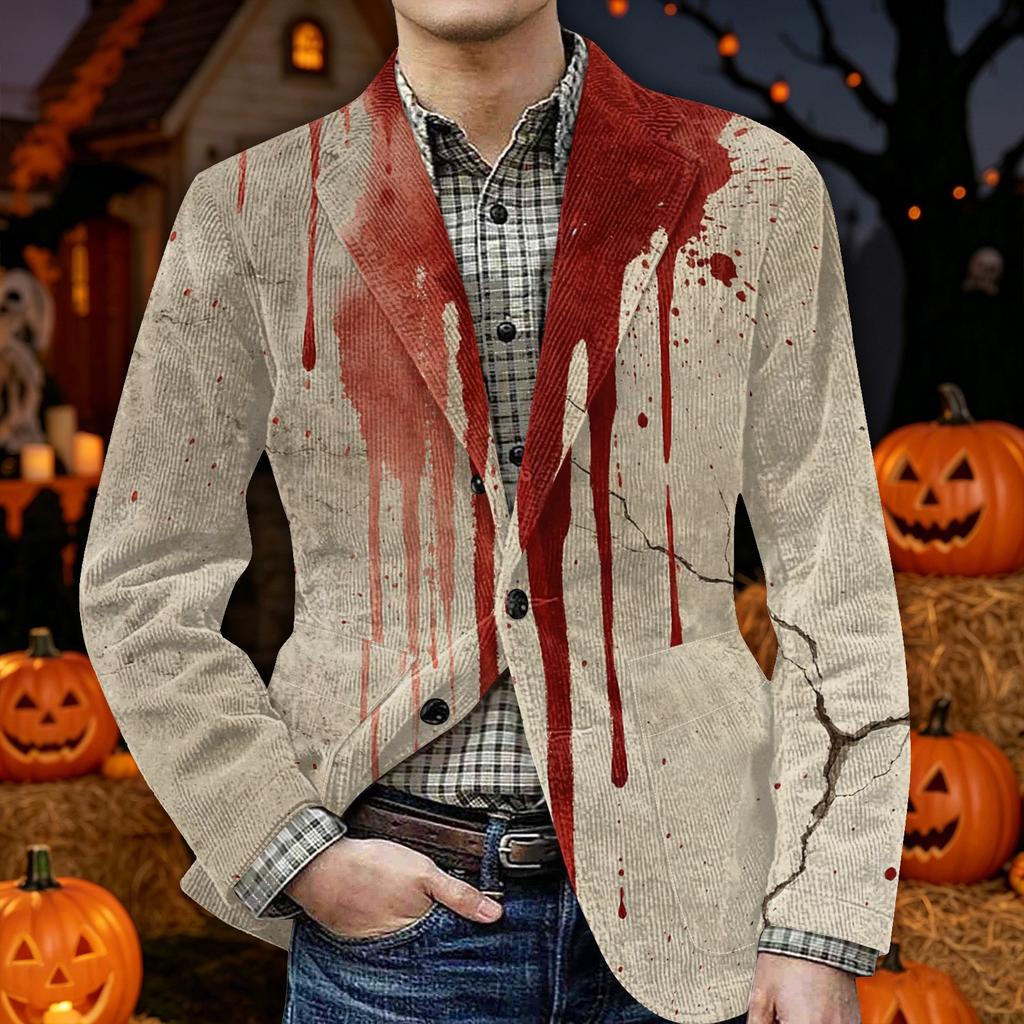 Men's Halloween Print Corduroy Warm Blazer Jacket with Pockets Casual Suit Coat Button Front Long Sleeve Outerwear