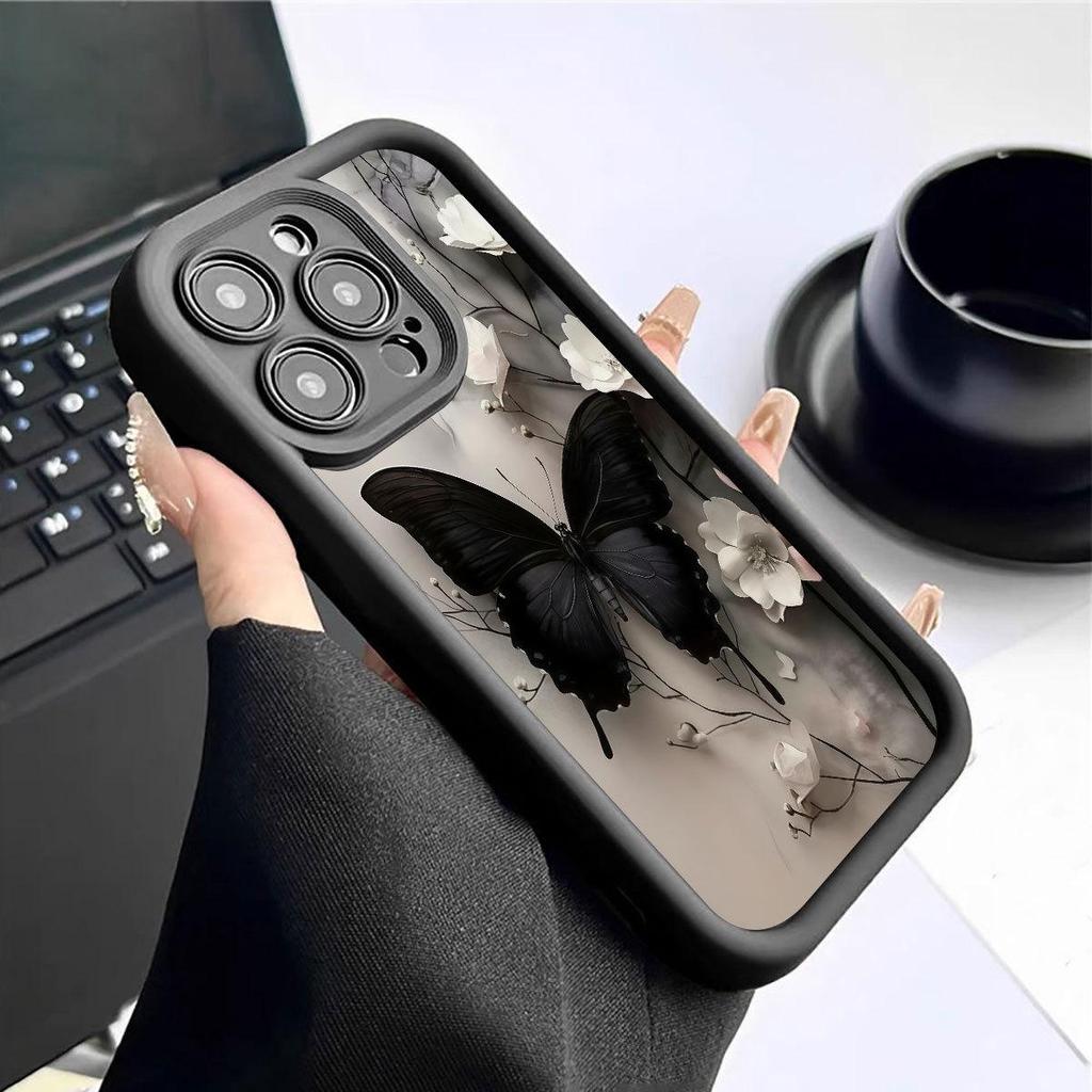 Schwarze Schmetterlings-Rillen-Handyhülle für iPhone 14-17 Pro Max