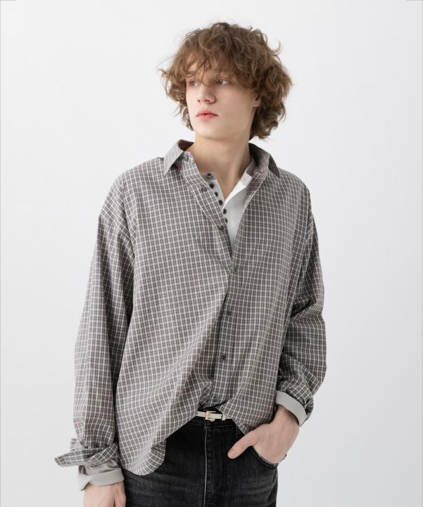 HONO REPORT Oversized Check Shirt_Gray Beige