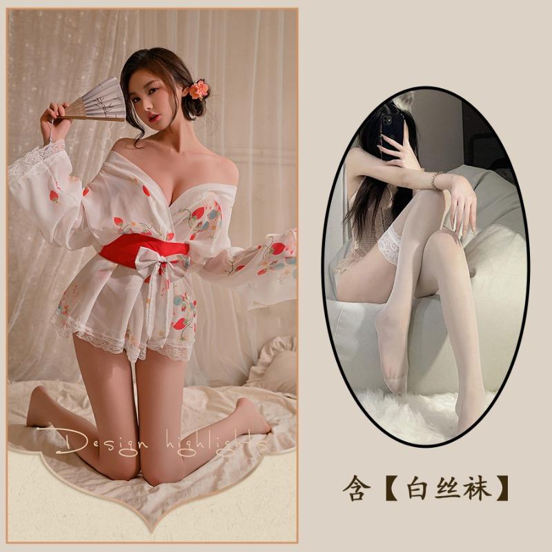 Sexy Perspective Small Chest Kimono Pure Desire Style Nightdress Bathrobe Bow Pajamas Cherry Blossom Girl Suit