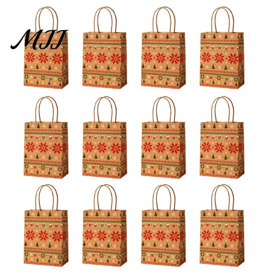Party Favor Containers 12PCS Christmas Paper Gift Bags, Sturdy Festive Goodie Bags with Handle, Decorative Packaging for Holiday Presents And