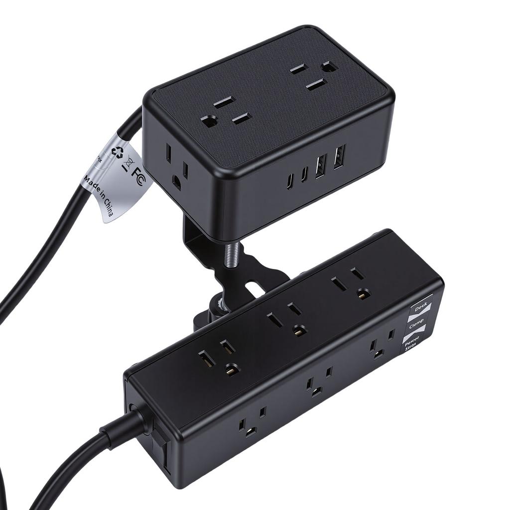 Dual Layer Desk Clamp Power Strip 12A 1500W 13 AC Outlets 2 USB A 2 USB C Ports Edges Mount Power Strip with 2m Cord