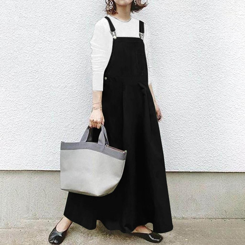 Women Casual Solid Dress Pocket Strap Long Loose Big Swing Dress