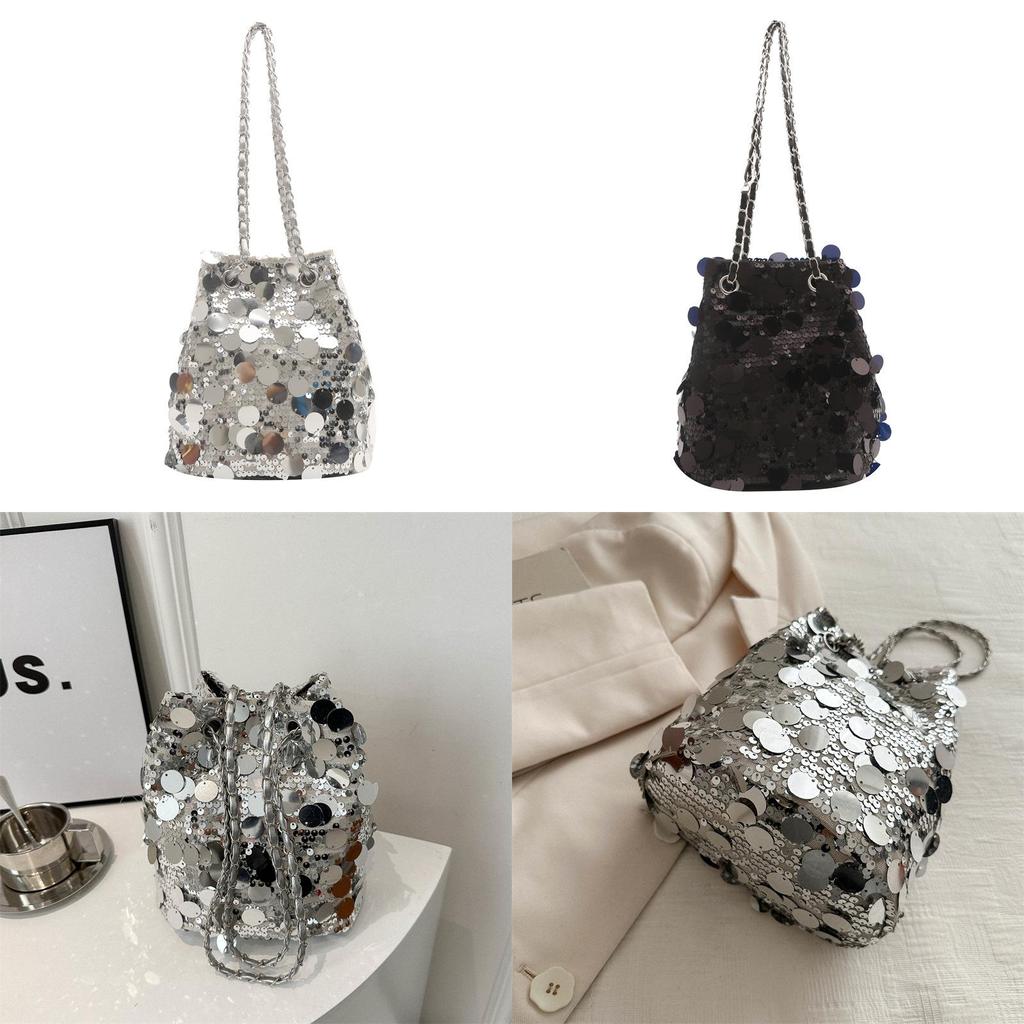 Borsa a secchiello piccola con paillettes e tracolla a catena per stile di strada e uso quotidiano
