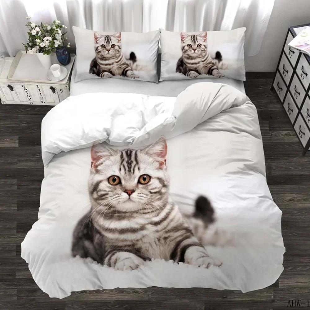3D Digital Printing 2/3pc Animal Cat Pattern Quilt Cover Pillowcase Double Bed Set Cover Quilt Soft Microfiber Bedding Set