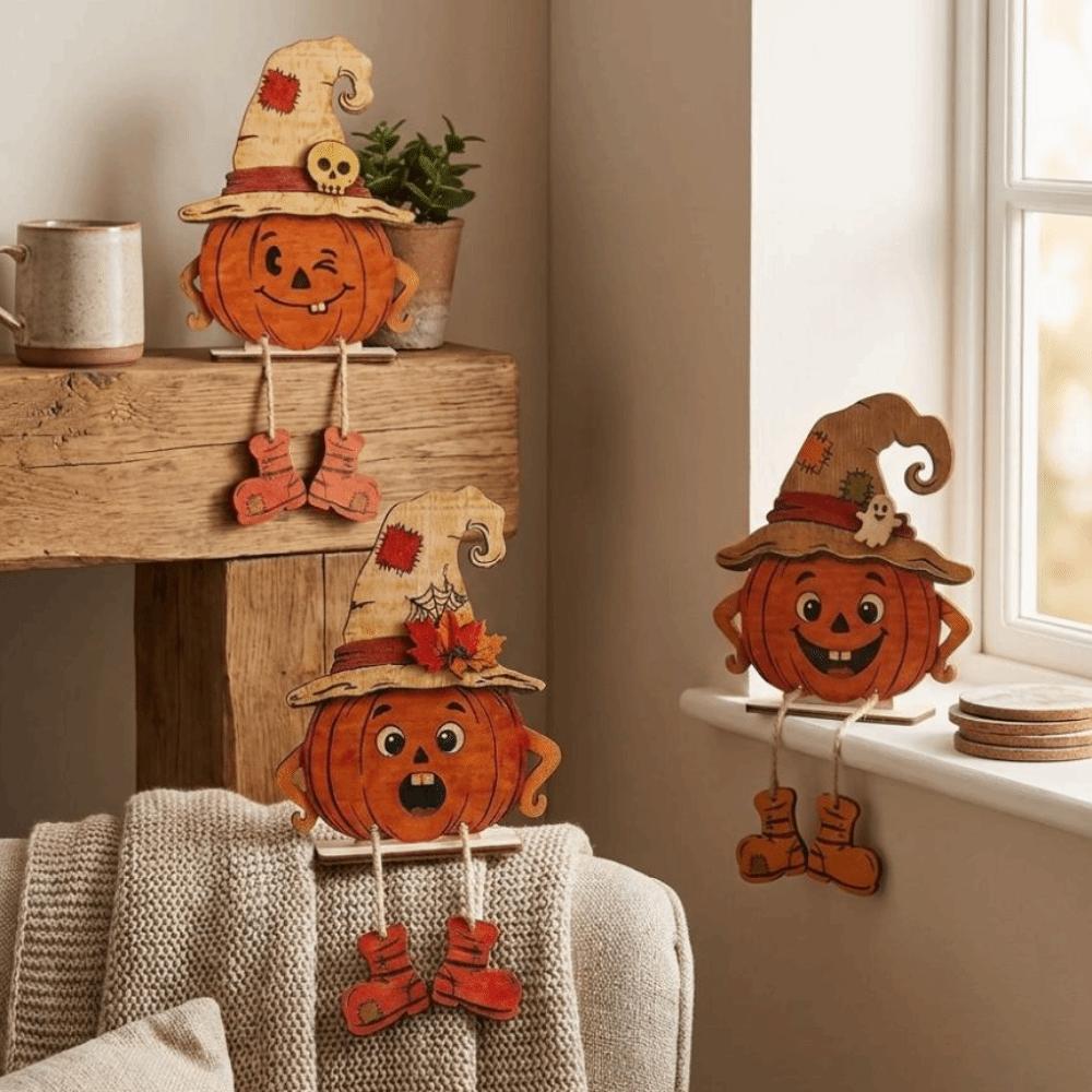 3Pcs Vintage Pumpkin-Shaped Wooden Ornaments 2D Flat Face Pumpkin Display Decor Holiday Gifts