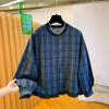 Korean Blue Plaid Shirt Women's 1116 New Spring and Autumn Loose Casual Round Neck Edge Good-looking Top