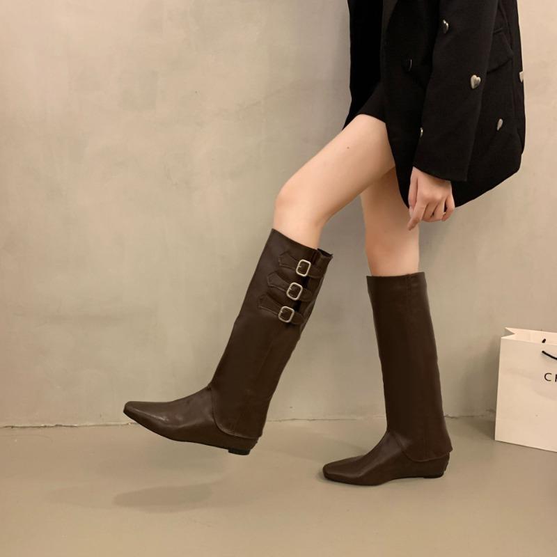 Autumn boots women's summer new pointed thick heel stack boots retro knight boots fashion belt buckle mid boots