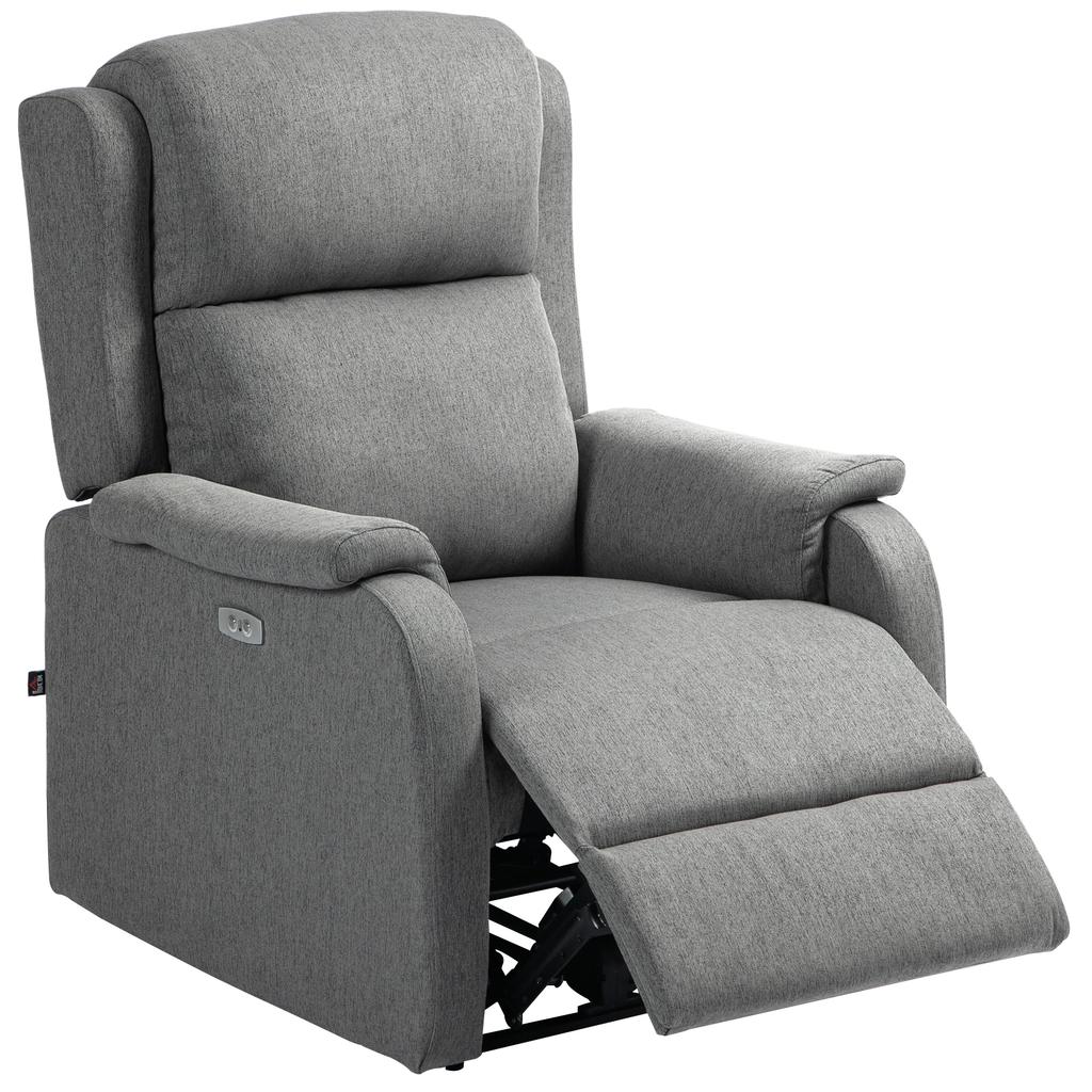 Reclining Armchair with Footrest, in Linen-Effect Fabric, Wood and Metal, 77x91x106 cm, Dark Grey