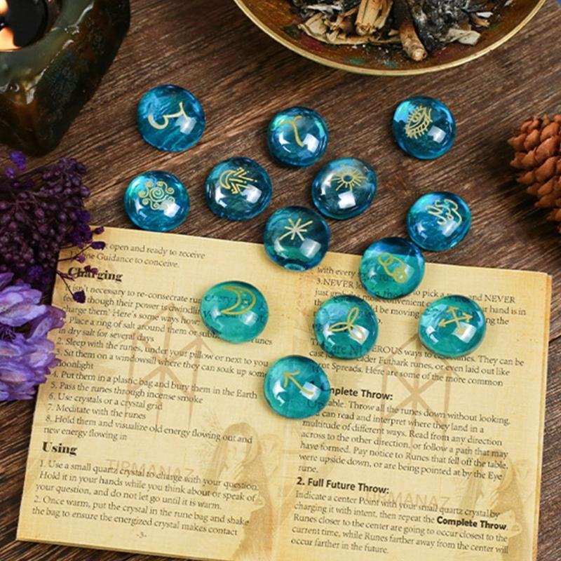 13Pcs Glass Runes Stone Irregular Divination Runes Stone with Instruction and Storage Bag Heal Gift Decoration