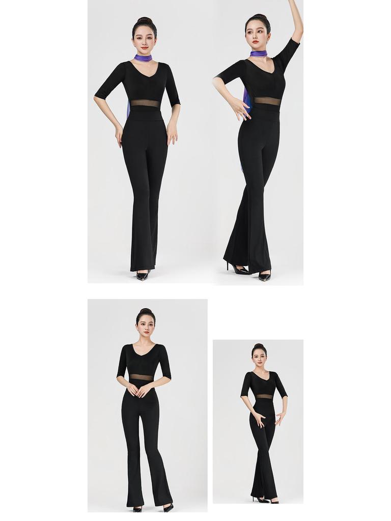 Women's V-Neck Short Sleeve Dance Outfit with Black Flared Pants