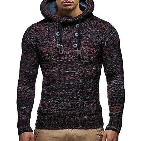 Men High Collar Long Sleeve Sweater Casual Solid Color Pullover Sweaters Slim Fit Hooded Sweaters
