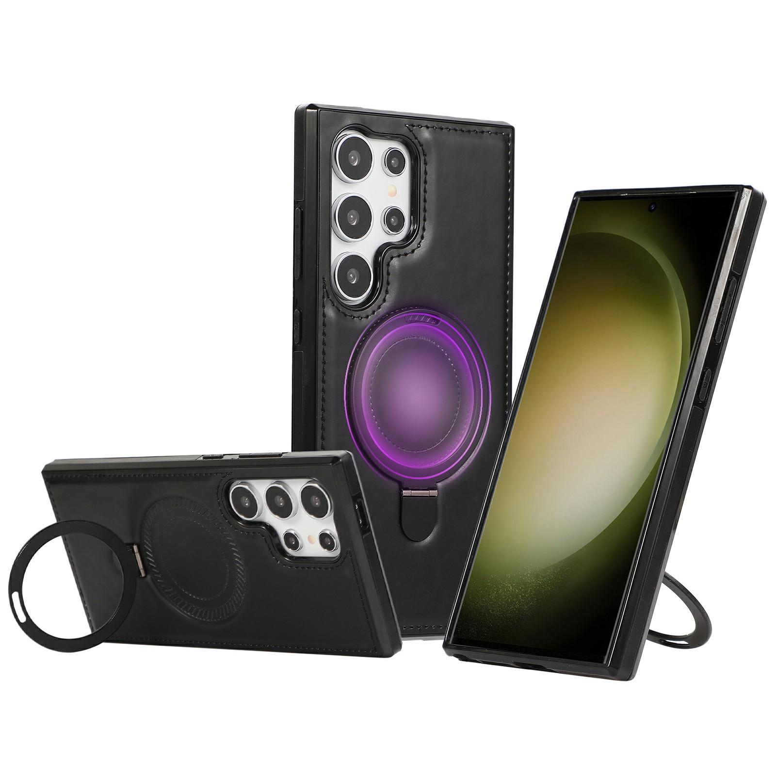 

For Samsung Galaxy S25 Ultra Case Magnetic Kickstand PU Leather Coated PC+TPU Phone Cover Black