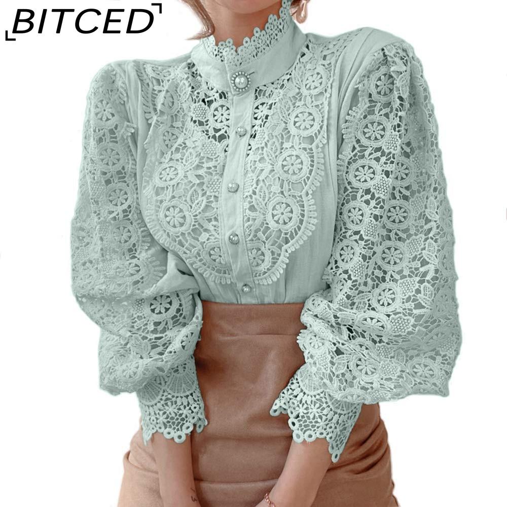 BITCED Women's Loose-fitting, Distinctive Button-down Lace-trimmed Floral Appliqué Shirt