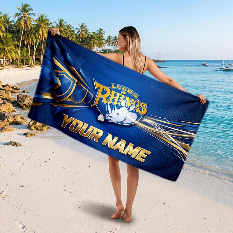 Leeds Rhinos Customized Name Text Beach Towel, Soft Absorbent Towel Beach Pool Travel Personal Gift