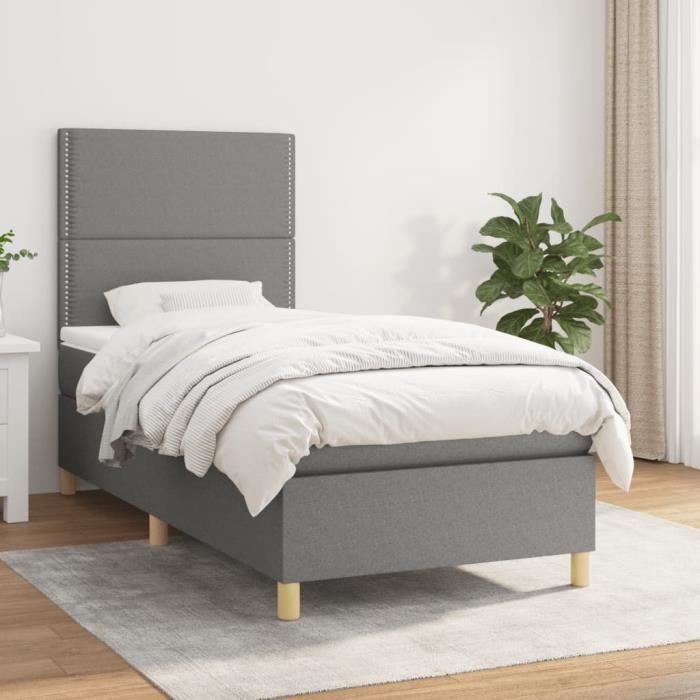 3142234 vidaXL Lit à sommier tapissier avec matelas Gris foncé 100x200cm Tissu