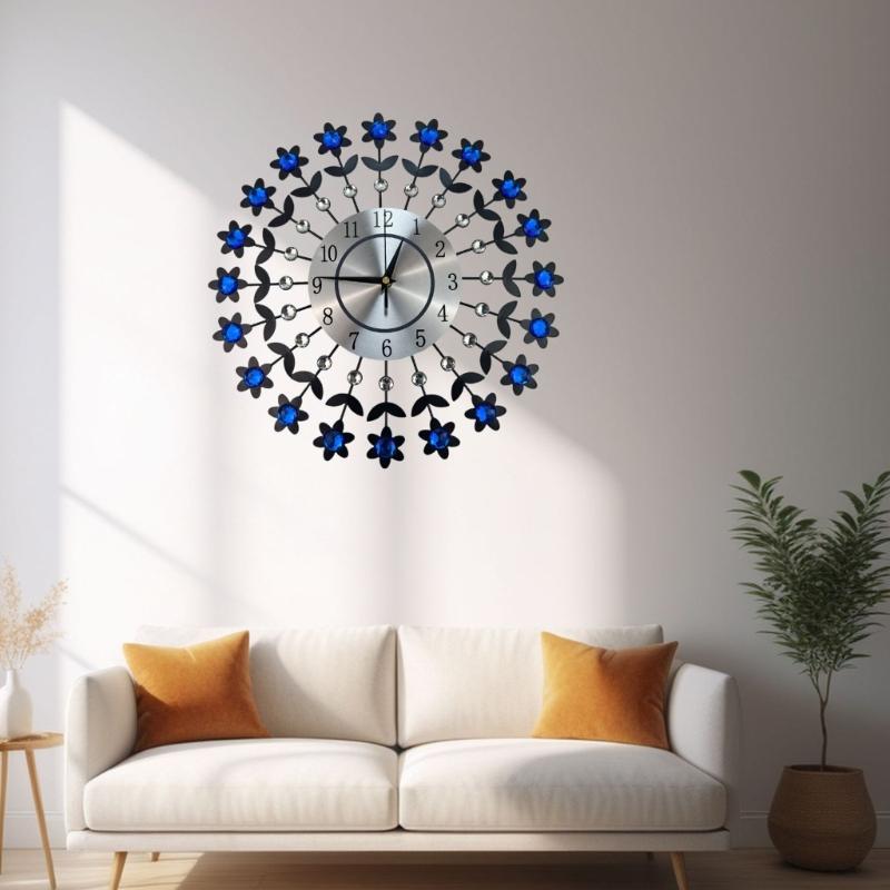 Crystal Flowers Wall Clock None-Ticking Silents Battery Operated Clocks Decorative Wall Clocks for Living Room Decors
