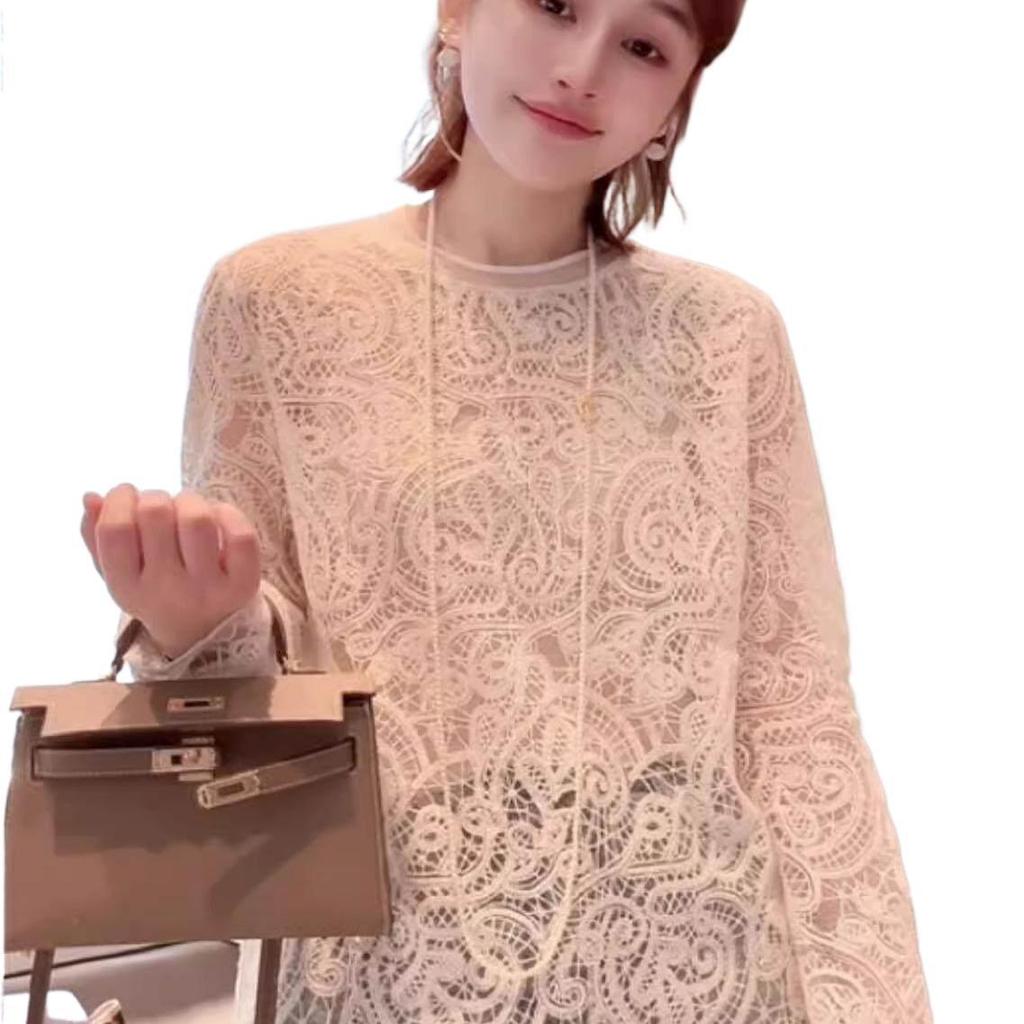 Elegant Crochet Lace Long Sleeve Layering Top for Women - Spring 2026