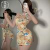 Sex Underwear Split-ended Sleeveless Printed Cheongsam Slim and Thin Sexy Uniform People Cheongsam Sex Clothes