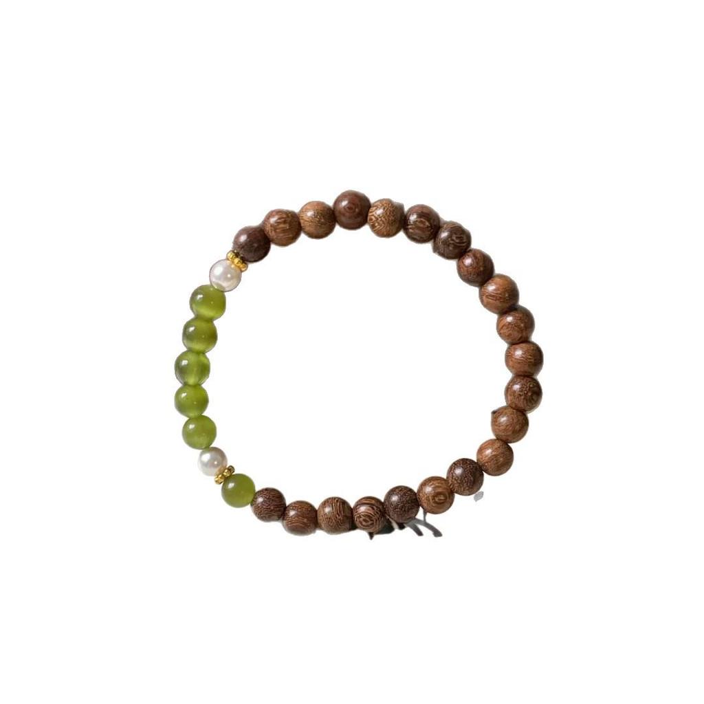Spring/Summer Original Wooden & Green Amber Woven Bracelet: Chinese Style, Exquisite Golden Sandalwood & Cat's Eye Stone.
