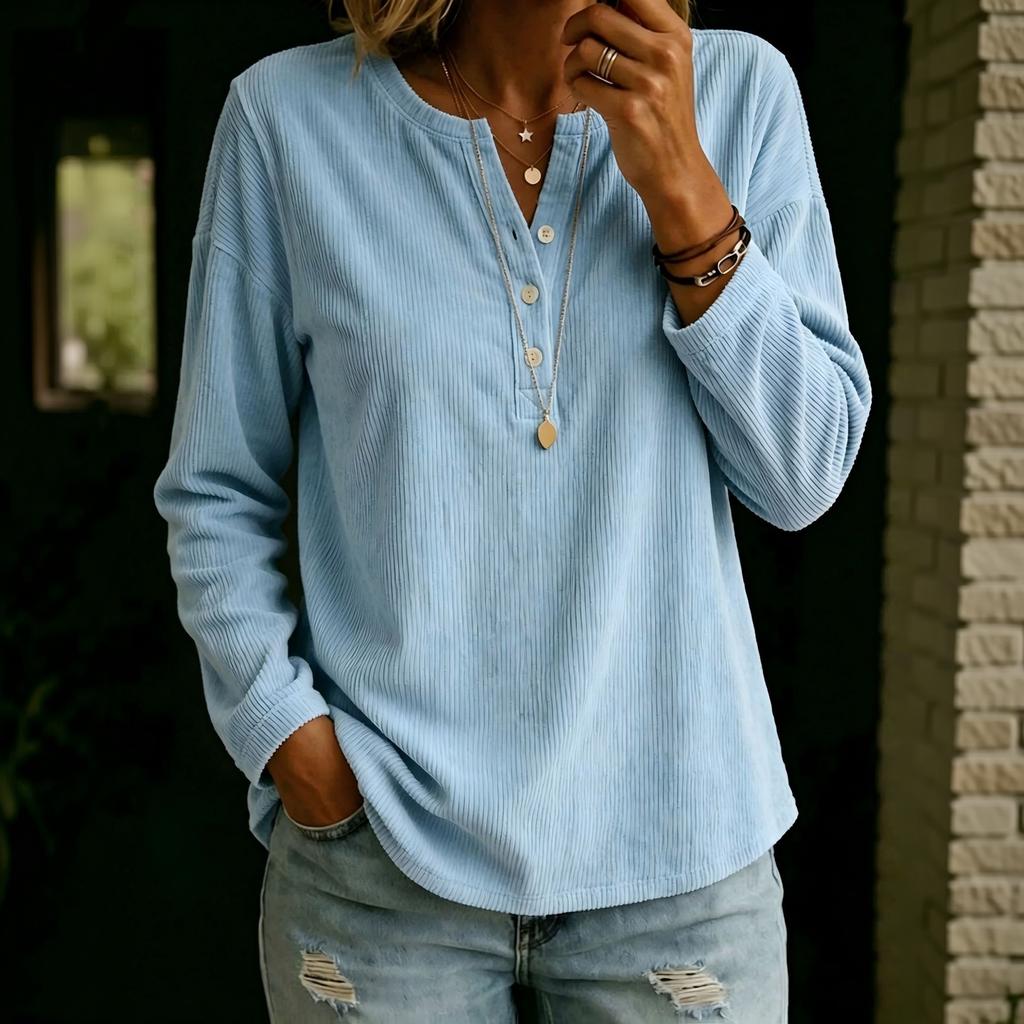Women's Corduroy V-Neck Long Sleeve Top - Casual Loose Fit Blouse for Everyday Wear