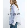 Spring New Women's Clothing Patchwork Pleated Design Cotton Stripes Poplin Loose Long Sleeves Shirt 5063015