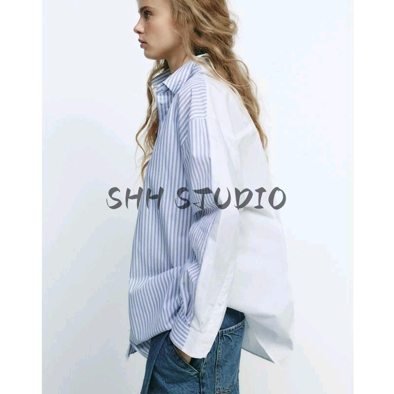 Spring New Women's Clothing Patchwork Pleated Design Cotton Stripes Poplin Loose Long Sleeves Shirt 5063015