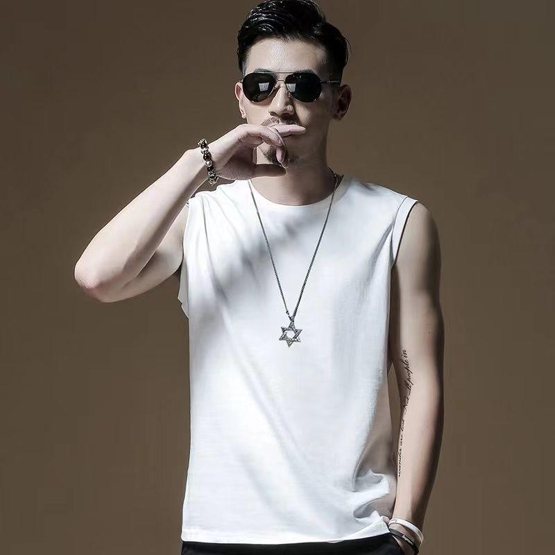 

Мужская летняя однотонная футболка без рукавов с круглым вырезом для фитнеса L белый