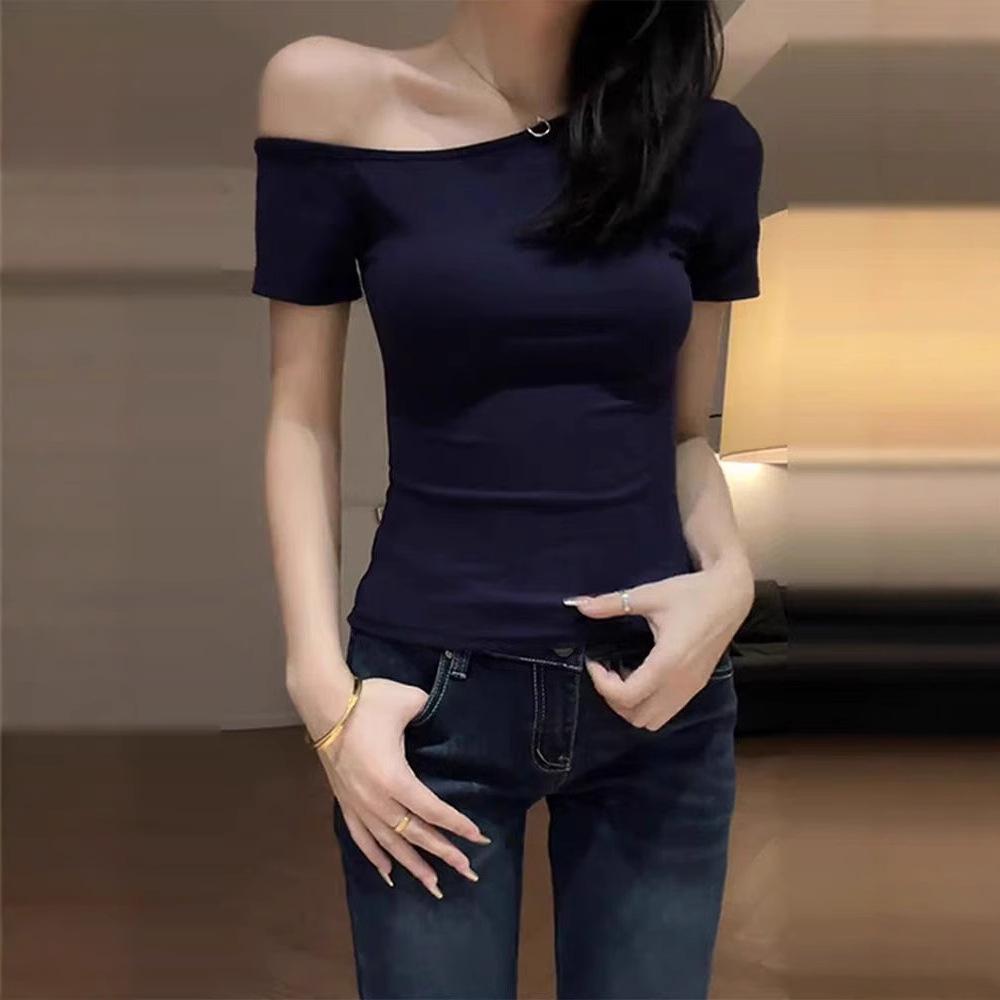Off-shoulder Short-sleeved T-shirt Women's Slanted Shoulder Summer Slim-fitting Versatile Top, Thin Design Sense Design Sense Bottoming Shirt