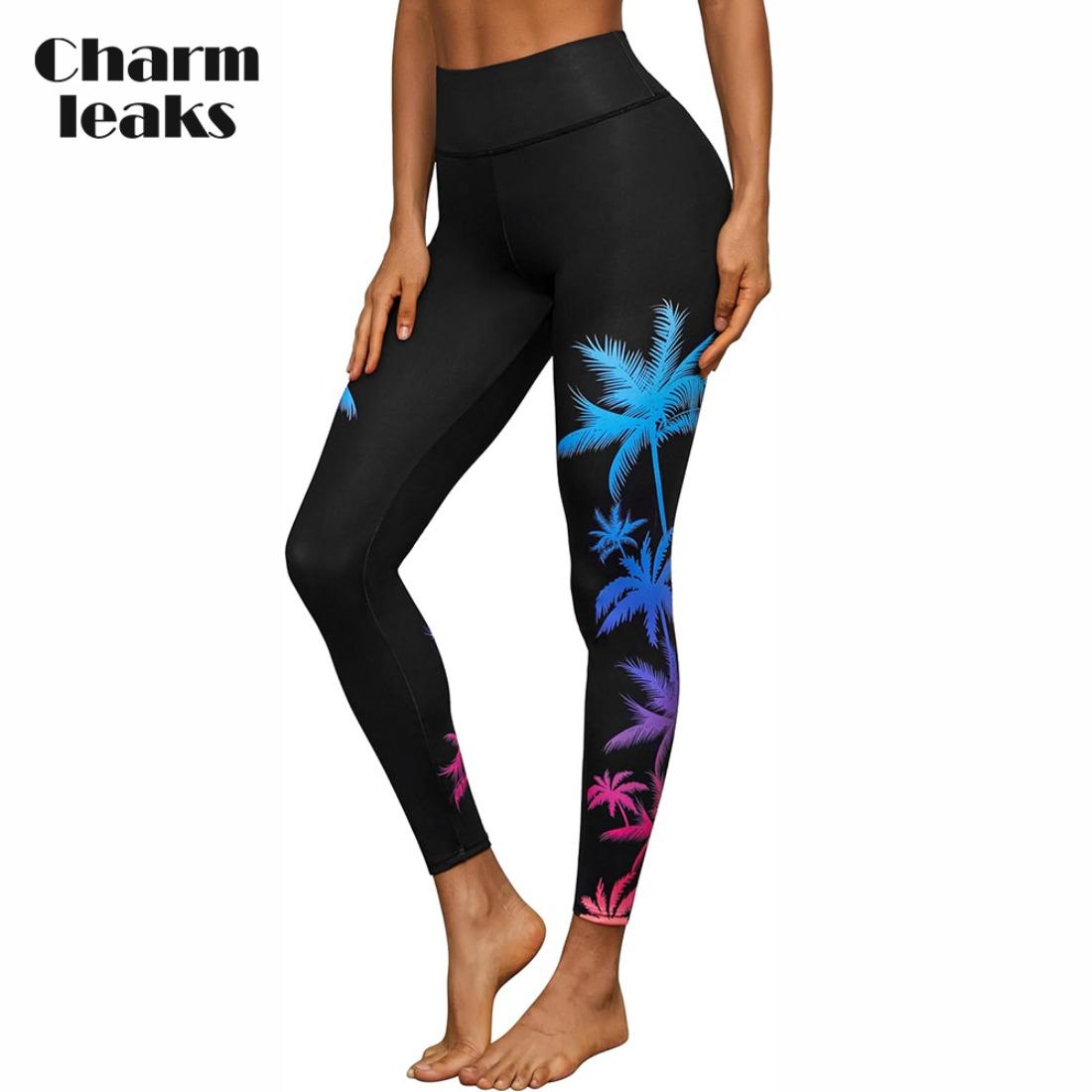 

Женские плавки Charmleaks, брюки для плавания с высокой талией, леггинсы для плавания, колготки для плавания с разноцветным принтом листьев S чёрный