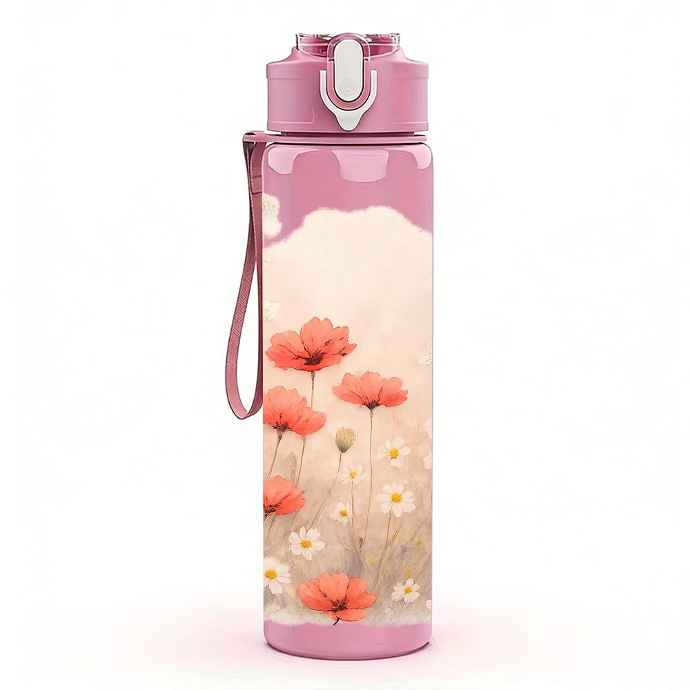 1PC Soft Pink White Cloud Flower Print 750ml Color Plastic Sports Water Bottle Leakproof Flip Straw Lid Suitable for Sports Office Home Use