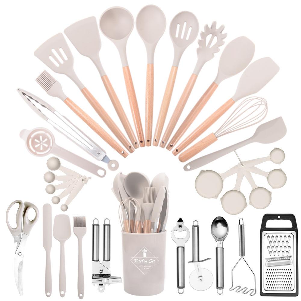 44-piece Heat-Resistant Silicone Cookware Set with Wooden Handles