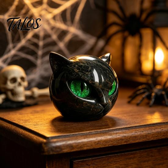 Spooky Shelf Decoration Spherical Black Cat Head Ornament, Resin Gothic Style Sculpture with Colorful Collectible Art Eyes for Halloween Tabletop