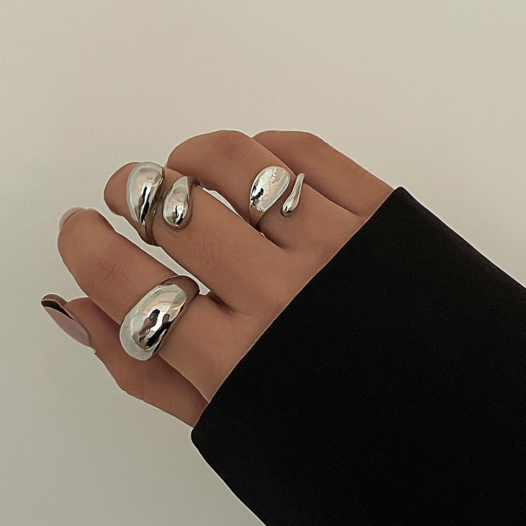 Landscape Water Drop Hug Open Ring, Liquid Metal Pleated Baroque Pearl Ring