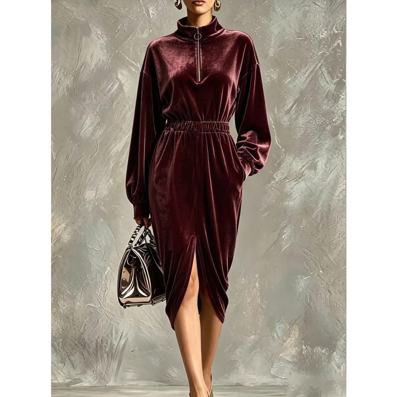 DICFY Women's Fashion Autumn Winter Solid Color Print Long Sleeve O-Neck Casual Dresses