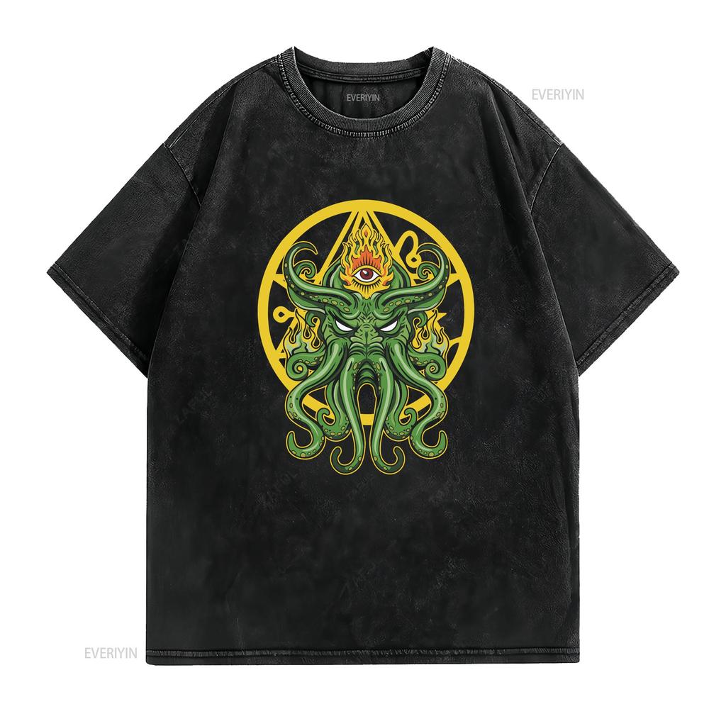 Cthulhu T Shirt H P Lovecraft Monster The Call Of Eye Providence Pentagram Sci Fi vintage Washed Soft Casual fashion Stylish