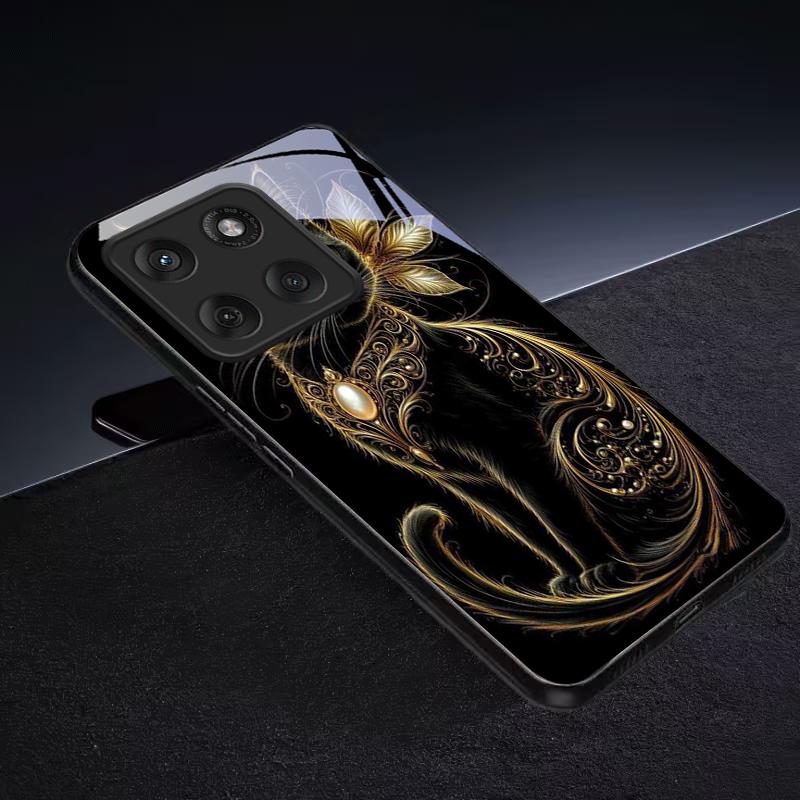 Mystic Golden Pearl Cat Black Glass Phone Case For Motorola Moto Edge 60 70 20 Lite 30 Pro 40 50 Ultra X30 Pro G14 G75 G84 Cover