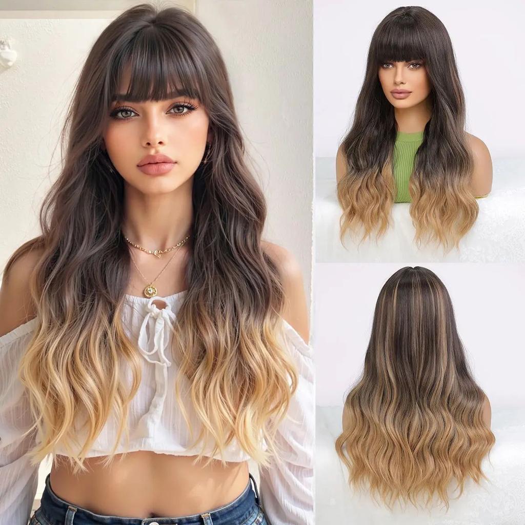 Platinum 613 Blonde Wig Long Wavy Synthetic Wig with Bangs Curly Mixed Golden for Women Cosplay Party Daily Use Heat Resistant