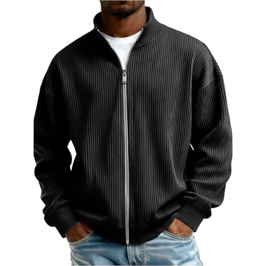 Men's Half Zip Sweatshirt Lightweight Ribbed Texture Casual Jacket Loose Fit Full Zip Outerwear for Spring Autumn