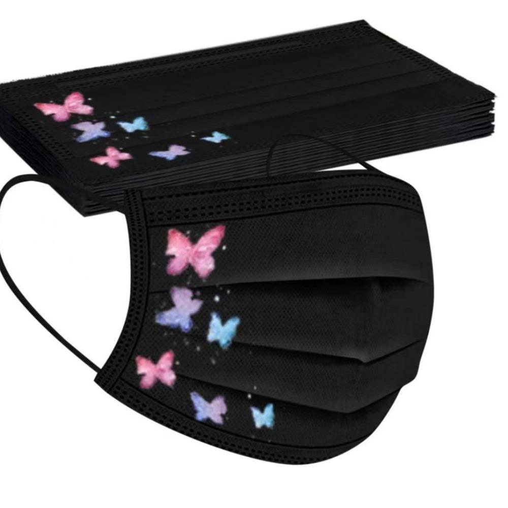 

10pcs Colorful Butterfly Print Disposable Face Mask Black Non-woven Fabric Anti Dust Mask Three-layer Breathable