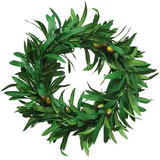 14 Inch Artificial Olive Wreath - Handcrafted Garland Branch Ornaments, Faux Front Door Hanging With Green Leaves and Fruit - Great for Wedding,