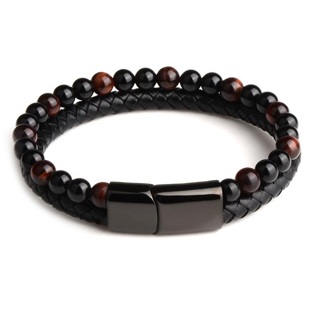 Natural Stone Bracelets Genuine Leather Braided Bracelet Black Stainless Steel Magnetic Clasp Tiger Eye Bead Bangles Men Jewelry
